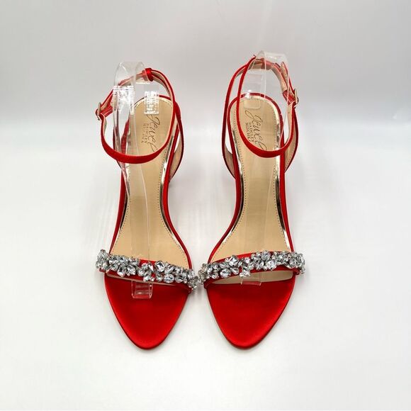 Jewel Badgley Mischka Size 10 Ojai Jeweled Red Satin Heels Dress Sandals Shoes - Picture 3 of 14